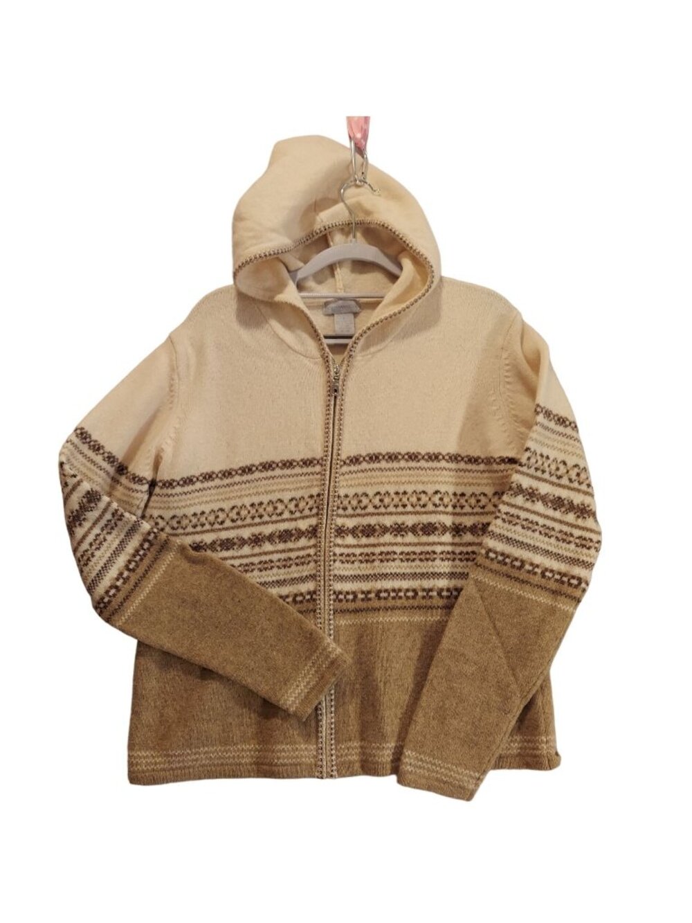 Northwest Blue hooded cardigan womens L cream tan brown Fair Isle wool zip Beach